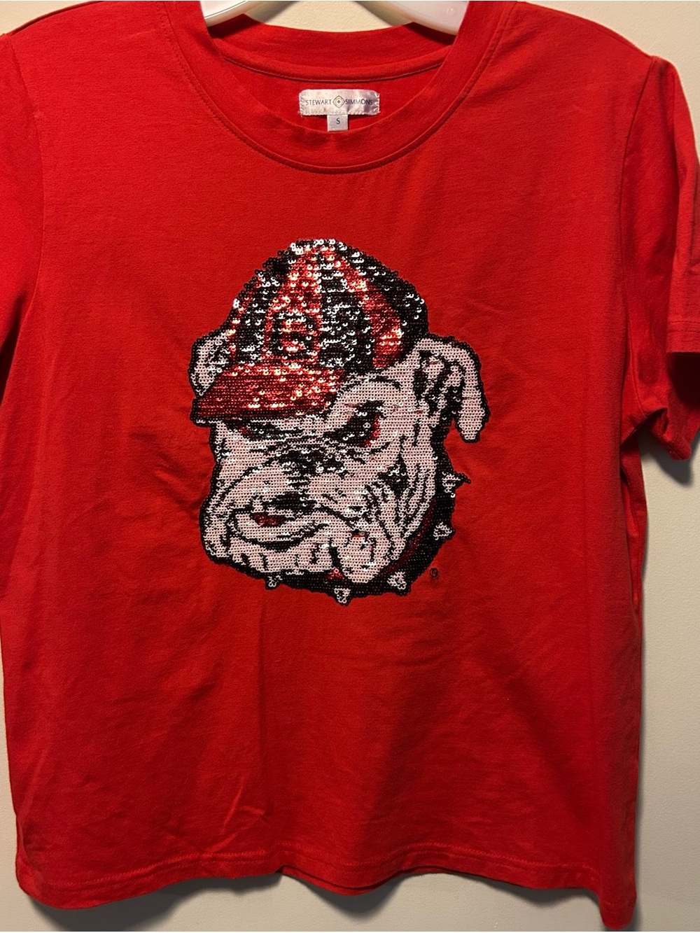 Red Bulldog Sequin Dog Tee Stewart Simmons Small Game Day UGA sparkle
